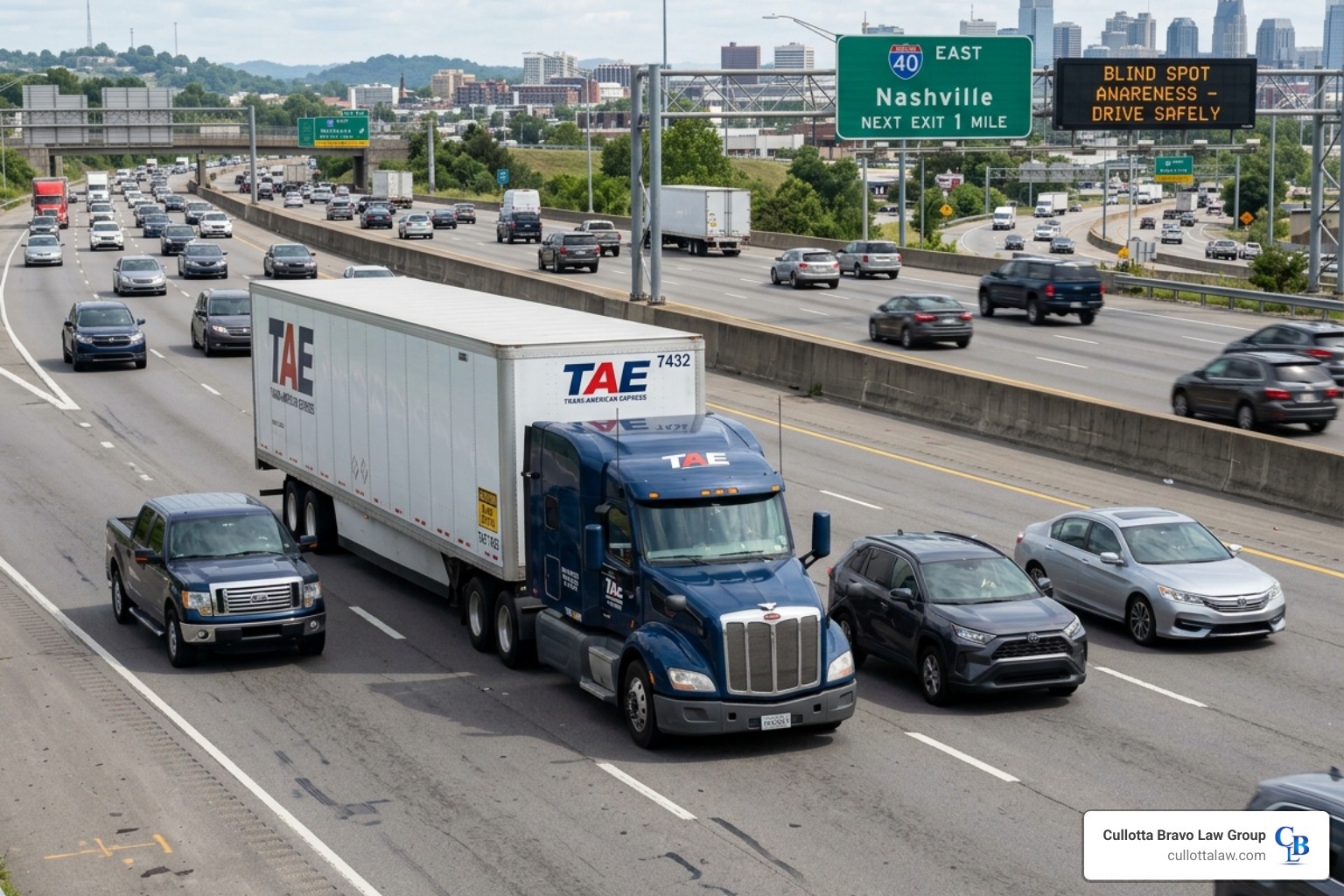 semi truck blind spot on busy highway - semi truck blind illustration